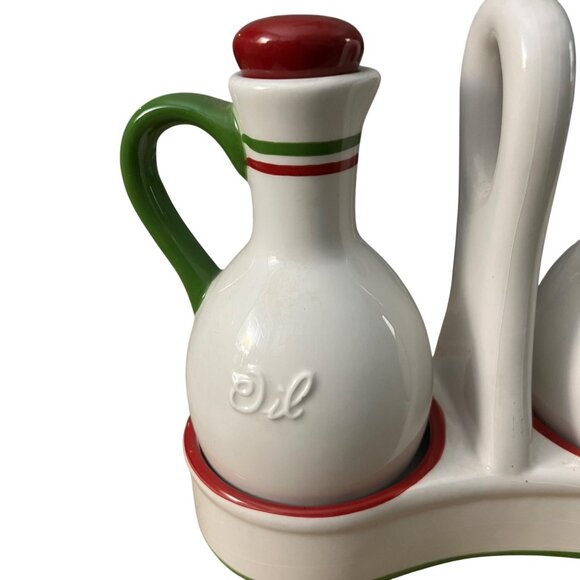 Vintage Oil and Vinegar Ceramic Cruet Set with Caddy Christmas White Red Green - Picture 2 of 4